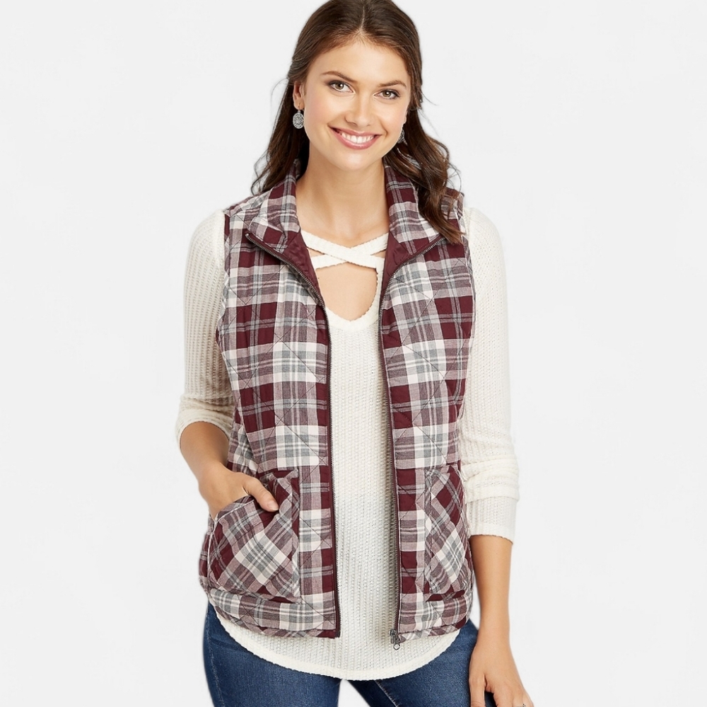 Maurices Women's Size XL Plaid Quilted Puffer Vest Utility Gorpcore
